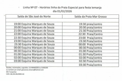 Secretaria Municipal de Transporte e Trânsito (SMTT) anunciou horários especiais da Linha nº 07 para este Domingo,